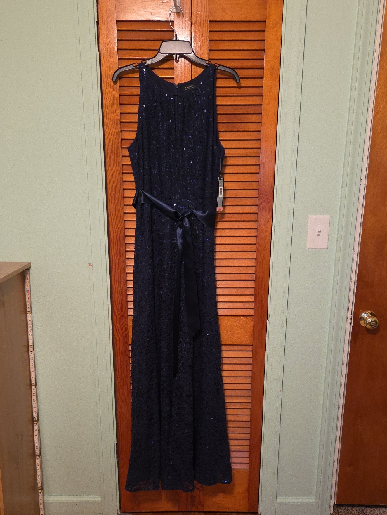 Tahari Navy Sequin Sleeveless Evening Gown With Sash
